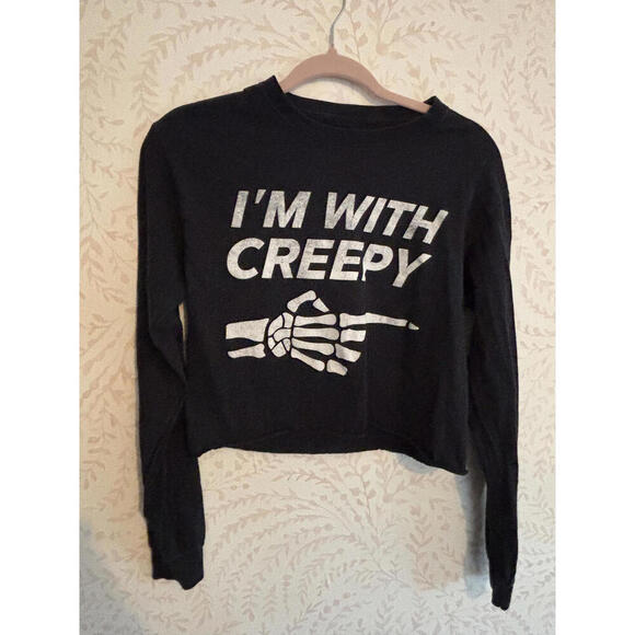 Tops - Black Long Sleeve Crop Top with 'I'm With Creepy' Graphic